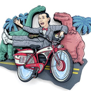 Pee Wee&#39;s Bike & Dinosaurs - 3D Layered Wall Art - Dimensional Wood and Archival Print Relief Sculpture