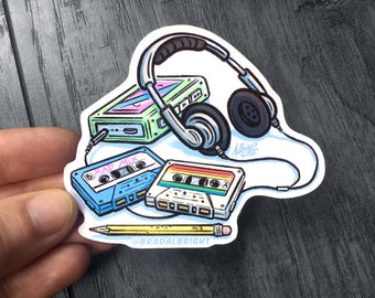 Walkman, Rad Mix Cassette + Headphones Sticker - Rad Retro Music Illustration - Water Resistant Decal - FREE Shipping