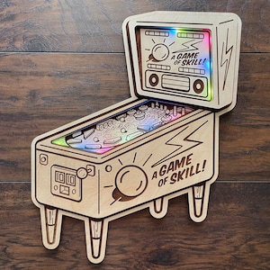 Pinball Machine Wall Art - A Game of Skill - Wood & LED Light Up Arcade Game Room Decor - Pinball Gift Ideas
