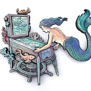 Mermaid Pinball 3D Wall Art - Dimensional Woodcut Sculpture - Arcade Game Room Decor
