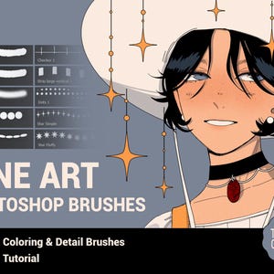 May include: Digital art graphic featuring a stylized illustration of a person with black hair and a white hat, adorned with star-shaped ornaments. The image showcases Photoshop brushes for line art, coloring, and detail, with the text "LINE ART PHOTOSHOP BRUSHES".