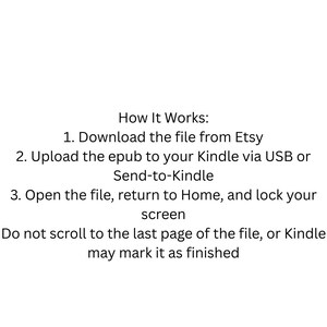 Pu&ograve; includere: Sfondo bianco con testo nero che fornisce istruzioni su come scaricare e utilizzare un file ebook da Etsy su un dispositivo Kindle. Il testo include i passaggi per scaricare, caricare e aprire il file.