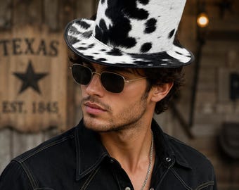 Schwarz Weißer Zylinder aus Rindsleder | Handgefertigtes Western Cowboy Print Fashion Statement