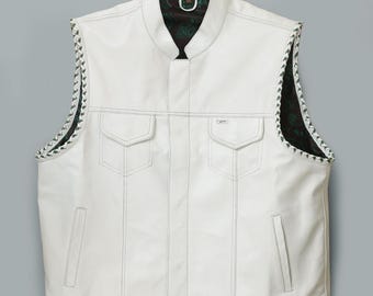 Męska biała skórzana kamizelka motocyklowa – ręcznie robiona kamizelka w stylu klubu motocyklowego – kamizelka ze skóry bydlęcej z podszewką w stylu paisley