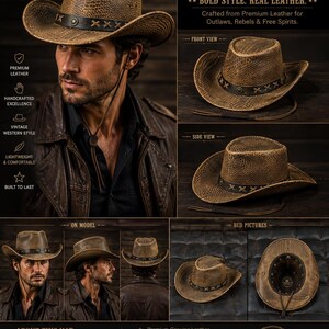 K&ouml;nnte beinhalten: Brauner Vintage-Cowboyhut aus hochwertigem Leder mit einzigartiger Schuppenstruktur und schwarzem Band. Das Bild zeigt den Hut aus verschiedenen Perspektiven, um sein Design zu pr&auml;sentieren.