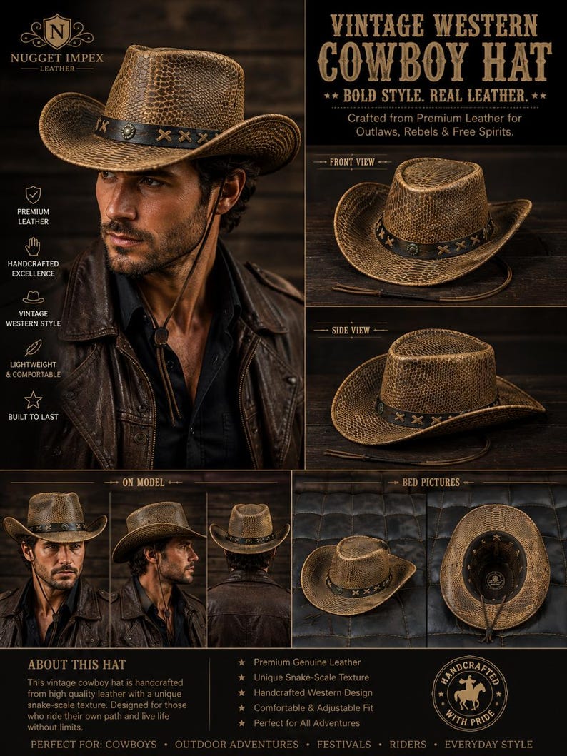 K&ouml;nnte beinhalten: Brauner Vintage-Cowboyhut aus hochwertigem Leder mit einzigartiger Schuppenstruktur und schwarzem Band. Das Bild zeigt den Hut aus verschiedenen Perspektiven, um sein Design zu pr&auml;sentieren.