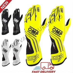 May include: A collection of racing gloves in black, white, and yellow. The gloves feature the "OMP" logo and various design elements. The image also includes the text "NEW" and "FAST DELIVERY".