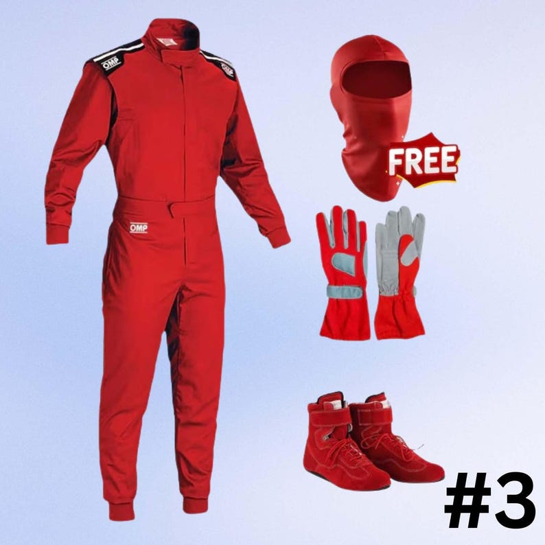 May include: A red racing suit with matching gloves, shoes, and a balaclava. The suit has the OMP logo and black and white shoulder accents. The gloves have gray palms and red cuffs. The shoes are red suede.