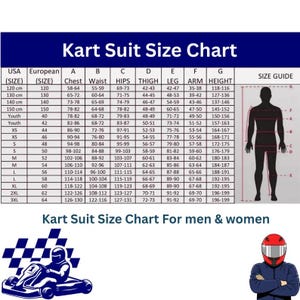 May include: A kart suit size chart for men and women, with measurements in inches and centimeters. The chart includes chest, waist, hips, thigh, leg, and arm measurements, along with a size guide.