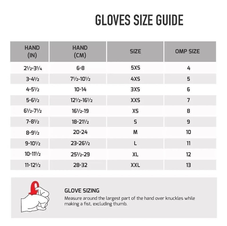 May include: A white chart titled "GLOVES SIZE GUIDE" with size conversions. It includes hand measurements in inches and centimeters, glove sizes from 5XS to XXL, and OMP sizes from 4 to 13. A diagram illustrates how to measure hand size.
