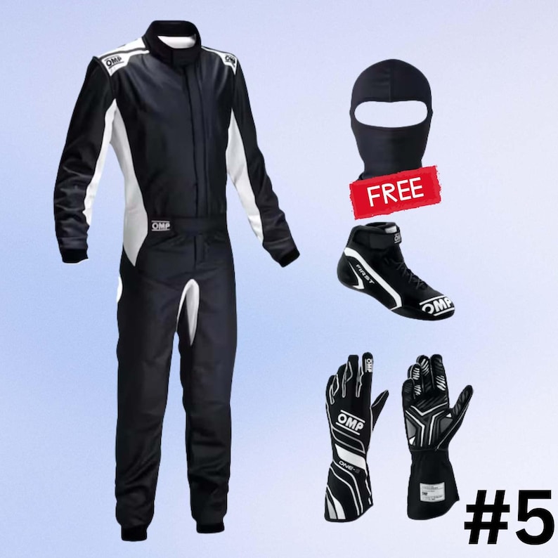 May include: A black and white racing suit, balaclava, racing shoes, and gloves. The suit has white accents and the brand "OMP" is visible. The balaclava has a red "FREE" tag. The gloves and shoes also have the "OMP" logo. The number "#5" is in the bottom right corner.