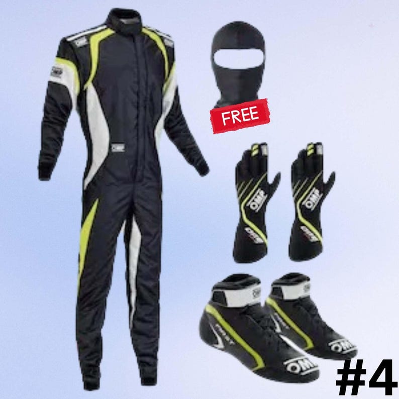 May include: A black and white racing suit with yellow accents, a black balaclava, black gloves, and black racing shoes. The balaclava has a red "FREE" tag. The shoes and gloves have the "OMP" logo.