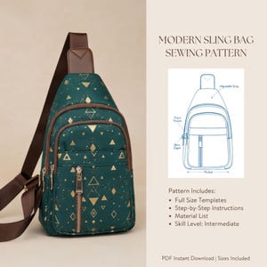 以下が含まれることがあります： 幾何学模様のゴールドパターン、茶色のトリム、茶色のストラップが付いたグリーンのスリングバッグ。バッグにはフロントポケットとメインジッパーが付いています。画像には「MODERN SLING BAG SEWING PATTERN」と書かれています。パターンにはテンプレートと手順が含まれています。