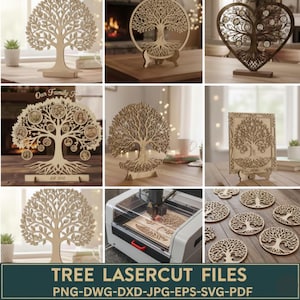 以下が含まれることがあります： 写真フレーム付きの家系図、ハート型の木、円形の木の装飾など、レーザーカットされた木製のデザインのコレクション。画像には、レーザー切断機とテキスト「TREE LASERCUT FILES」も表示されています。