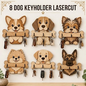 Può includere: Un set di sei portachiavi da parete in legno, ognuno raffigurante una diversa razza di cane che sostiene un supporto a forma di osso con ganci in metallo. Il testo 8 DOG KEYHOLDER LASERCUT è visualizzato in alto. Ogni supporto regge varie chiavi.