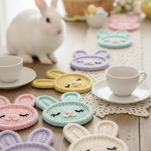 May include: A collection of colorful, crocheted bunny-shaped coasters in pastel shades of pink, yellow, blue, and purple. Each coaster features embroidered details for the eyes and nose. Two white teacups and a white rabbit are also in the image.