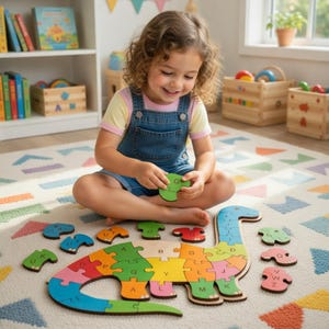 Può includere: Un colorato puzzle di dinosauro in legno con lettere dell'alfabeto. Il puzzle è a pezzi, con un bambino che tiene in mano un pezzo verde con la lettera "G". Il puzzle è su un tappeto fantasia.