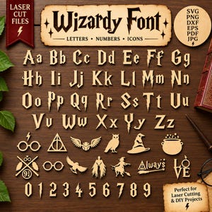 May include: A set of laser-cut wooden letters, numbers, and icons featuring a wizard-themed font. The collection includes uppercase and lowercase letters, digits 0-9, and various magical symbols like glasses, owls, hats, and cauldrons.