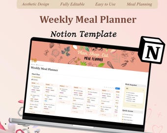 Szablon tygodniowego planera posiłków Notion | Biblioteka przepisów, lista zakupów (cyfrowa)