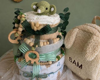 Torta di pannolini neutra "Gentle Strength" - Torta di pannolini con orsetto e perline naturali, regalo per neonato, regalo neutro per baby shower per bambino o bambina