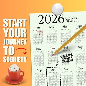 Może przedstawiać: Kalendarz śledzenia spożycia alkoholu na rok 2026 z ołówkiem wskazującym na październik. Tekst "Start Your Journey to Sobriety" jest wyświetlany z filiżanką kawy. Mały ptaszek z kreskówki jest narysowany w prawym górnym rogu.