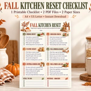 May include: A printable Fall Kitchen Reset checklist document featuring six numbered sections for organizing, restocking, and preparing a kitchen for the season. The page includes checkboxes, lines for notes, and small illustrations of pumpkins, kitchen tools, and autumn leaves.