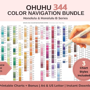 May include: The Ohuhu 344 Color Navigation Bundle chart features a chromatic color flow map for Honolulu and Honolulu B series markers. It includes text for old and new color codes, 3 chart styles, and A4 and US Letter printable formats.