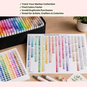 May include: A black carrying case filled with numerous colorful markers, a spiral-bound color swatch notebook, and a large white chart titled 363 Color Navigation System. The chart displays organized color blocks, and two markers lie on the surface.