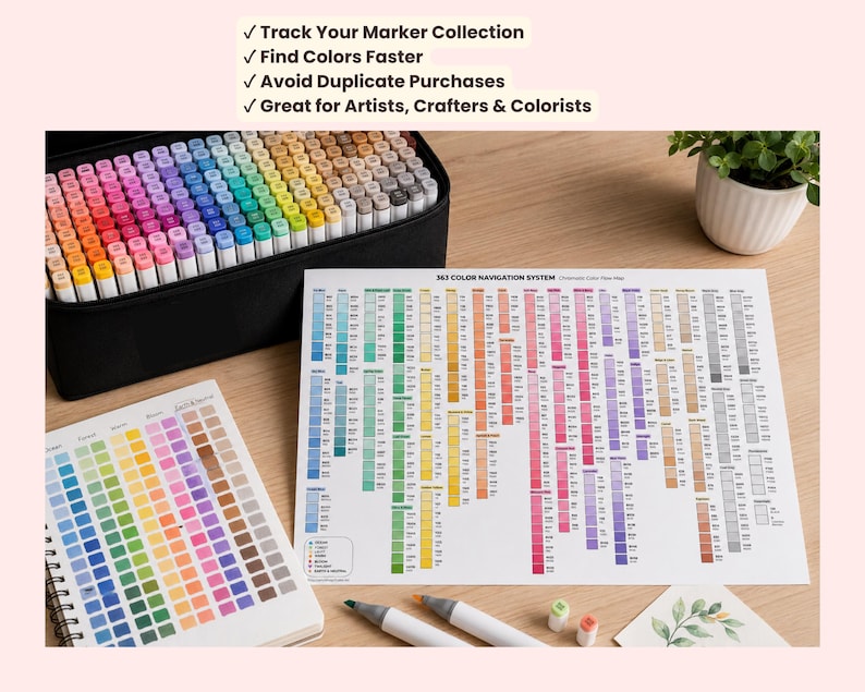 May include: A black carrying case filled with numerous colorful markers, a spiral-bound color swatch notebook, and a large white chart titled 363 Color Navigation System. The chart displays organized color blocks, and two markers lie on the surface.