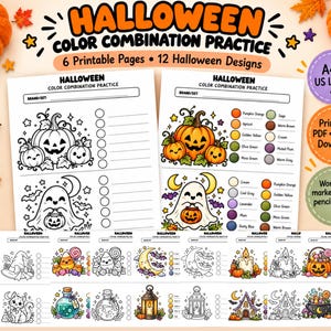 Op de afbeelding: Een set Halloween kleurcombinatie oefenbladen met 6 printbare pagina's en 12 ontwerpen. De pagina's bevatten zwart-wit lijntekeningen van pompoenen, spoken, katten en lantaarns, naast ingekleurde voorbeelden en cirkels voor kleurpaletten.