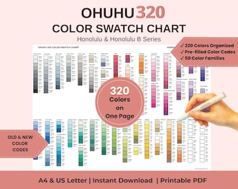 Ohuhu 320 Color Swatch Chart Honolulu & Honolulu B Series 50 Color Families Printable Marker Chart A4 and US Letter PDF