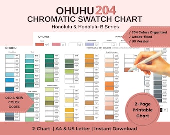 Ohuhu 204 Color Swatch Chart US Version | Printable PDF | 2-Page Chromatic Marker Chart | A4 & US Letter