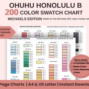 May include: Ohuhu Honolulu B 200 color swatch chart for the Michaels edition marker set. The document features organized color families with specific codes, including a blank chart and reference chart. Available as 2-page A4 and US Letter PDFs.