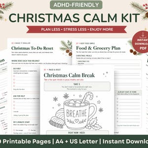 May include: A digital Christmas Calm Kit featuring printable planning pages with holiday-themed graphics. The sheets include a Gift Mission, Christmas To-Do Reset, Food & Grocery Plan, and a Christmas Calm Break page with a cocoa mug illustration.