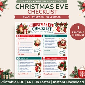 May include: A printable Christmas Eve checklist document featuring four sections: Christmas Eve Plans, Cozy Traditions, Before Bed, and Ready for Christmas Morning. The page includes festive illustrations of stockings, gifts, candles, and a gingerbread man.