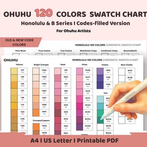 Può includere: Una tabella di campioni di colore intitolata "OHUHU 120 COLORS SWATCH CHART" con campioni di colore in varie tonalità. La tabella include testo come "Honolulu & B Series I Codes-filled Version" e "For Ohuhu Artists". Una mano tiene un pennarello bianco, che punta alla tabella.