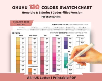 Ohuhu 120 Colors Swatch Chart | Honolulu & B Series Marker Chart | Printable PDF A4 US Letter | Alcohol Marker Color Chart | Codes Filled