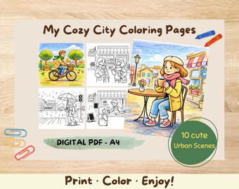 Cozy City Coloring Pages | Urban Life Illustrations (A4 PDF Download)