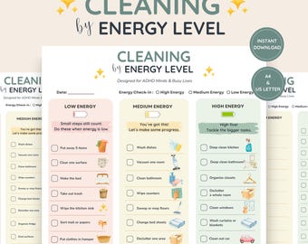ADHD Cleaning Checklist Printable, Cleaning By Energy Level Planner, Executive Dysfunction Support, Home Reset PDF
