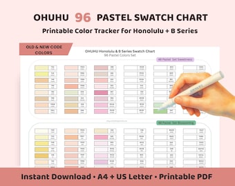Ohuhu 96 Pastel Swatch Chart Printable, Ohuhu Marker Color Chart, Honolulu B Series Tracker, Old New Codes, A4 US Letter, Instant Download
