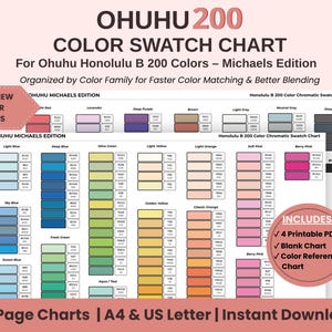May include: An Ohuhu 200 colour swatch chart for Honolulu B 200 markers, Michaels Edition. The chart features organised colour families with codes, including light blue, deep blue, green, yellow, orange, pink, and grey. Includes 4 printable PDFs.