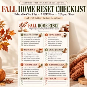 Op de afbeelding: Een printbare checklist voor de herfst-schoonmaak van het huis, verdeeld in zes genummerde secties. Het document bevat selectievakjes voor taken zoals opruimen, schoonmaken en seizoenswisselingen, met tekstkoppen en ruimte voor notities.