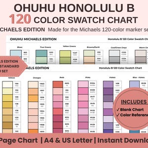 May include: Ohuhu Honolulu B 120 colour swatch chart for the Michaels edition marker set. This two-page document includes a blank chart and colour reference, available as an instant download in A4 and US letter sizes. The chart displays colour categories like blues, greens, yellows, oranges, reds, pinks, and violets with corresponding codes.