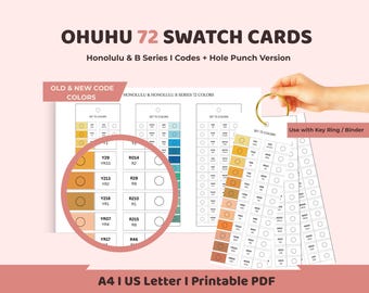 Ohuhu 72 Swatch Cards Hole Punch Printable, Marker Swatch Ring Cards, Honolulu B Series, Portable Color Organizer, A4 US Letter PDF