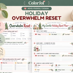 May include: Two printable ADHD holiday reset planner pages featuring sections for feelings, quick wins, and support needs. The documents include text such as Overwhelm Reset, My Gentle Holiday Reset Plan, and various checkboxes, all decorated with small festive illustrations.