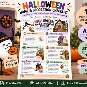 Könnte beinhalten: Eine druckbare Halloween-Checkliste für die Heimdekoration mit Abschnitten für Deko-Pläne, Eingangsbereich, Innen- und Außendekoration, Beleuchtung und einen finalen Check. Enthält Text sowie Illustrationen von Geistern und Kürbissen.