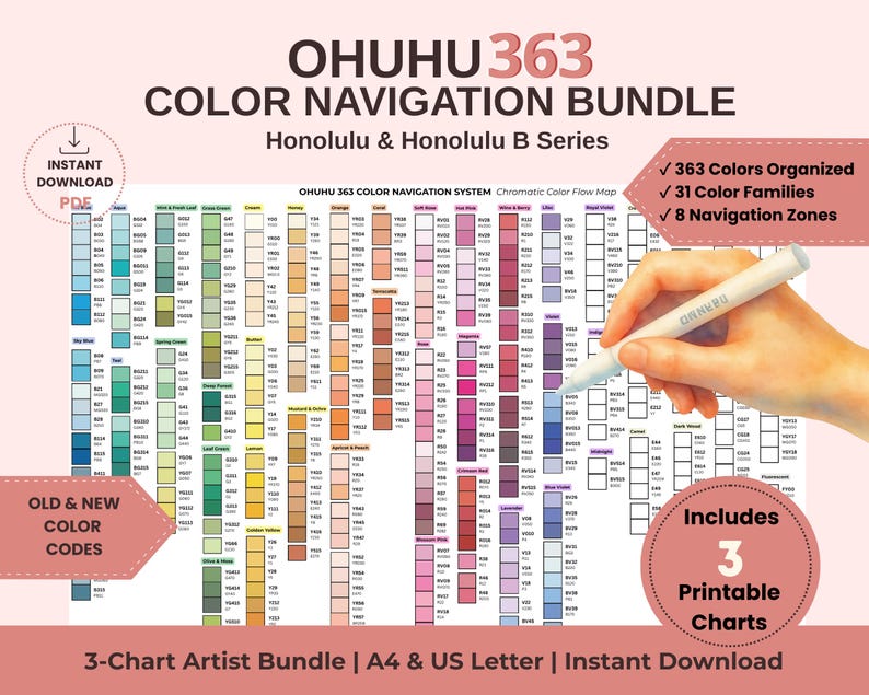 Ohuhu 363 Color Chart Bundle | Printable Swatch Chart and Color Navigation System | Honolulu Marker Guide | A4 & US Letter PDF image 1