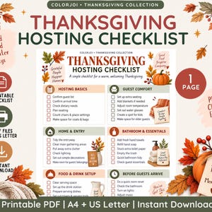 May include: A printable Thanksgiving hosting checklist document featuring sections for hosting basics, guest comfort, home and entry, bathroom and essentials, food and drink setup, and tasks to complete before guests arrive, decorated with autumn leaves.