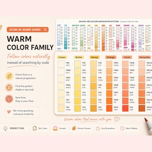 May include: An Ohuhu 363 color navigation system chart displaying a warm color family grid with columns for cream, butter, honey, orange, coral, and terracotta shades. The chart includes marker codes, text labels, and icons, surrounded by markers.