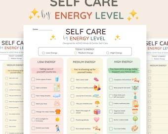 ADHD Self Care Planner Printable, Self Care by Energy Level, Burnout Recovery Planner, Neurodivergent Wellness Tracker PDF